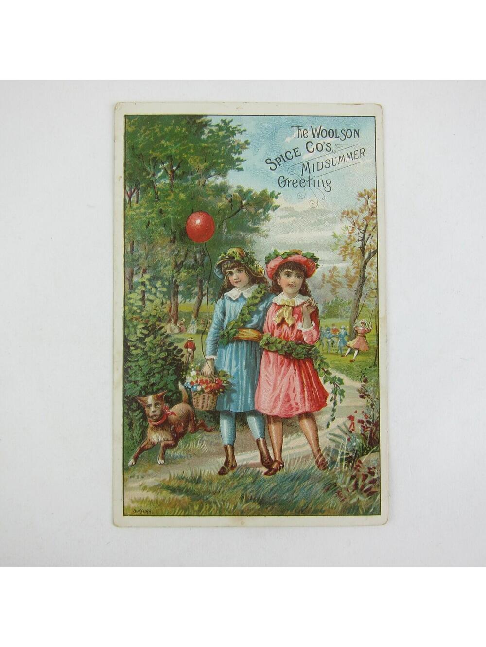 Victorian Trade Card Lion Coffee Woolson Spice Co Girls Garland Balloon Dog Park